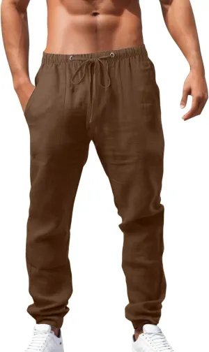 2023 Mens Linen Pants Casual Loose Lightweight Sweatpants Drawstring Elastic Waist Yoga Beach Trousers Breathable Joggers