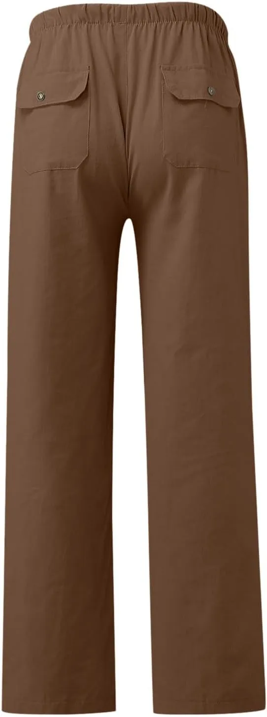 2023 Mens Linen Pants Casual Loose Lightweight Sweatpants Drawstring Elastic Waist Yoga Beach Trousers Breathable Joggers
