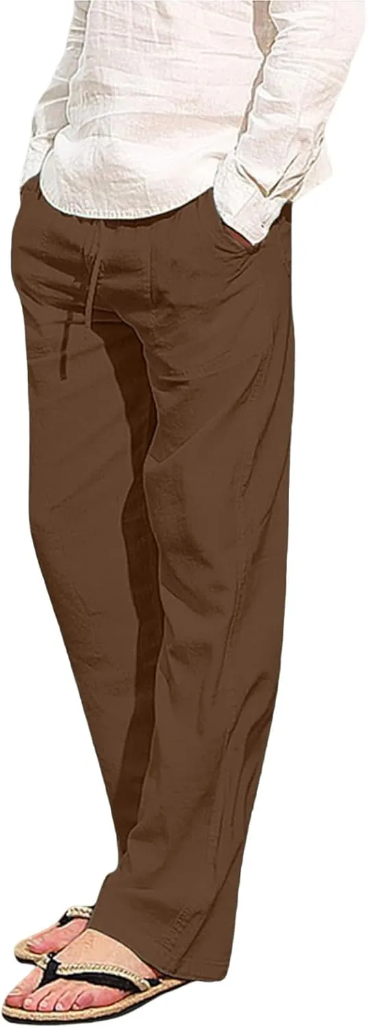 2023 Mens Linen Pants Casual Loose Lightweight Sweatpants Drawstring Elastic Waist Yoga Beach Trousers Breathable Joggers