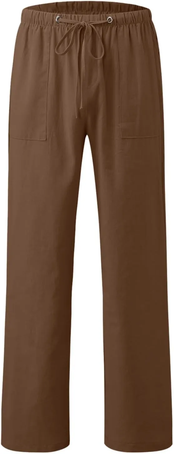 2023 Mens Linen Pants Casual Loose Lightweight Sweatpants Drawstring Elastic Waist Yoga Beach Trousers Breathable Joggers