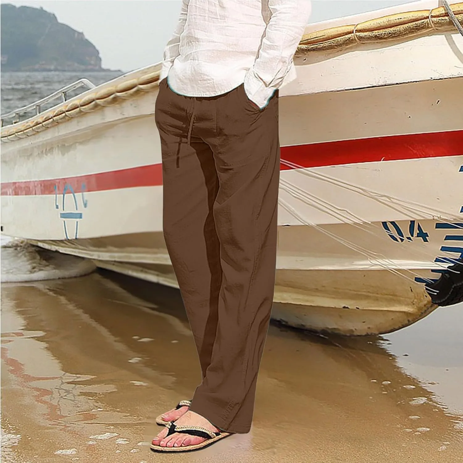 2023 Mens Linen Pants Casual Loose Lightweight Sweatpants Drawstring Elastic Waist Yoga Beach Trousers Breathable Joggers