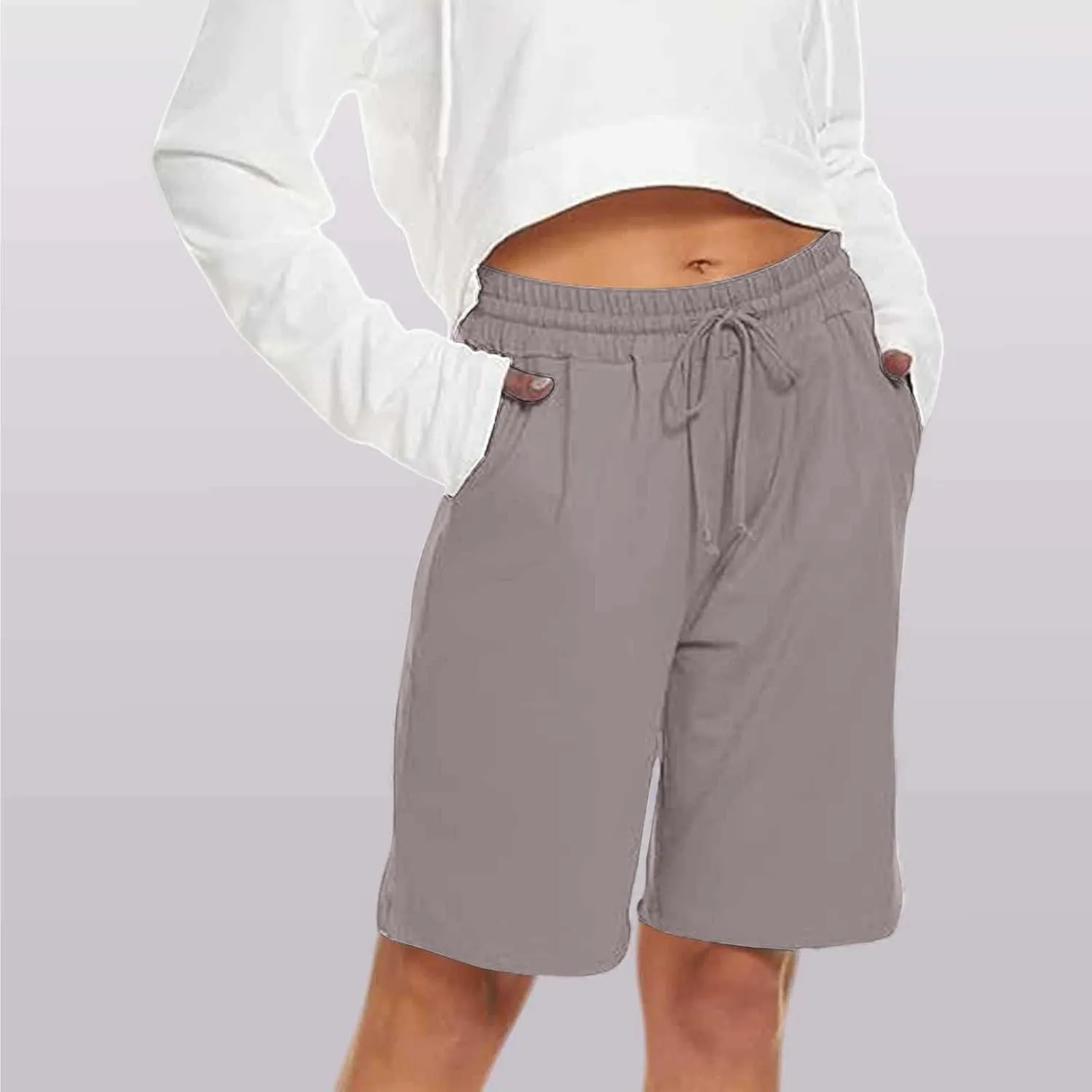 2024 Women's Bermuda Shorts with Deep Pockets Elastic Drawstring Waist 5" Long Shorts Women Lounge Walking Athletic Shorts