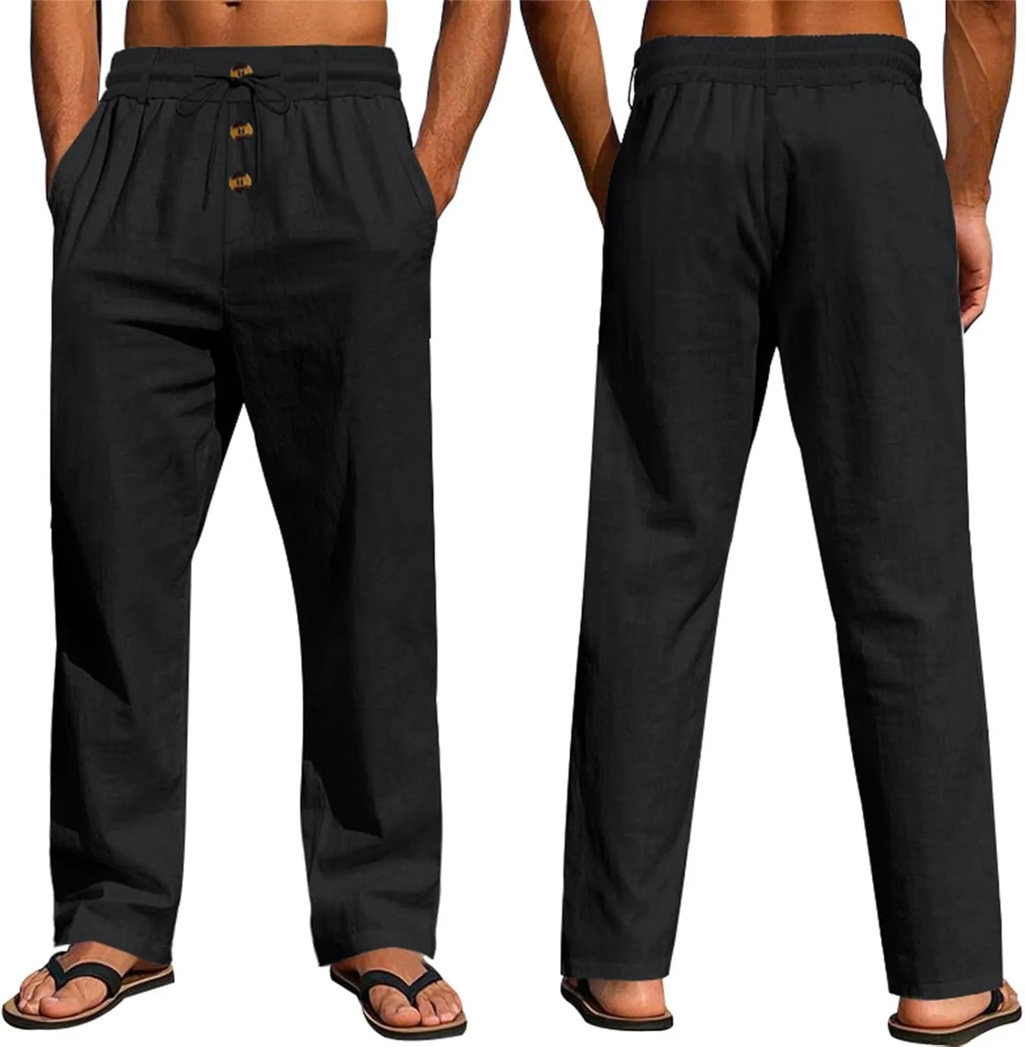 2025 Men's Casual Beach Pants Button Loose Fit Breathable Linen Pants