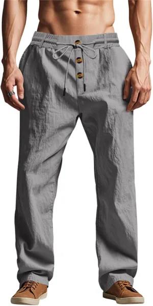 2025 Men's Casual Beach Pants Button Loose Fit Breathable Linen Pants