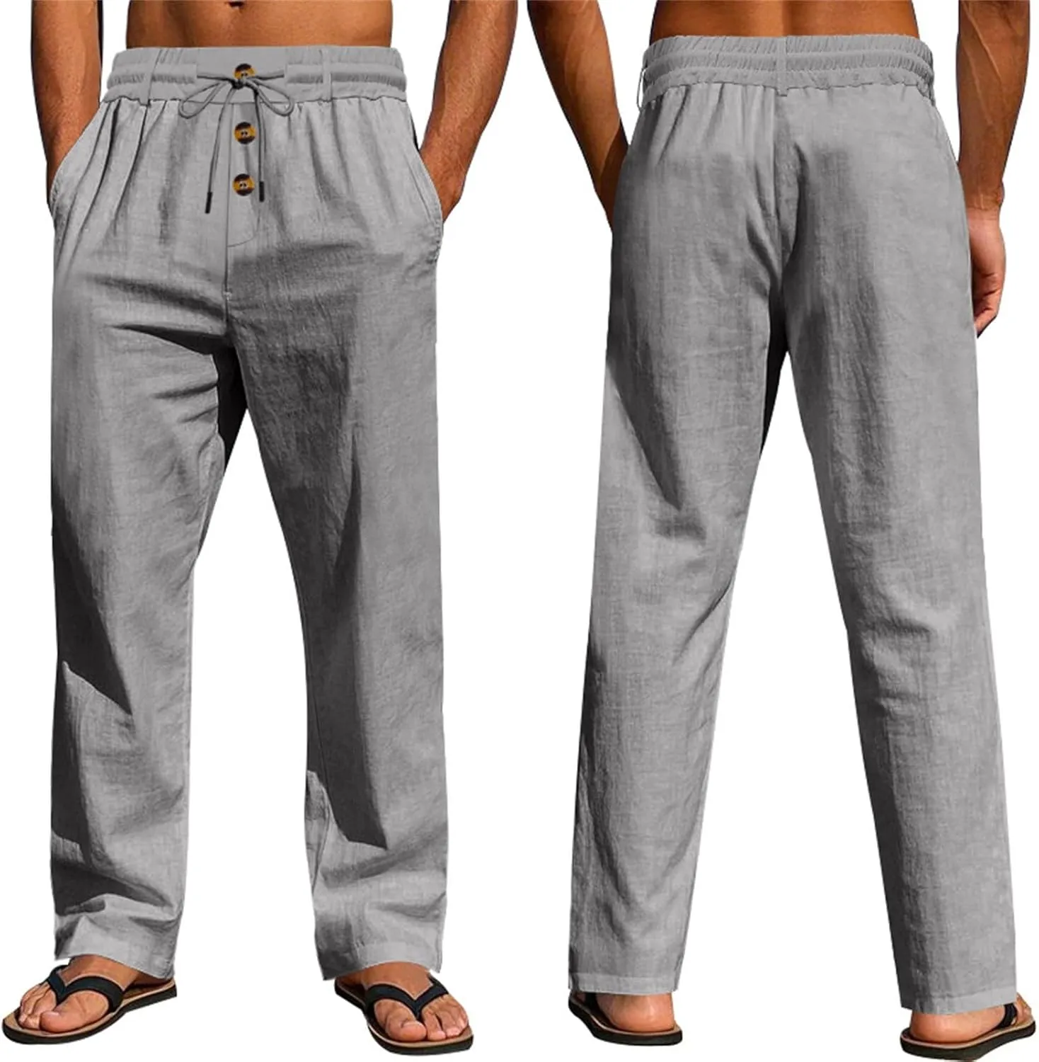 2025 Men's Casual Beach Pants Button Loose Fit Breathable Linen Pants