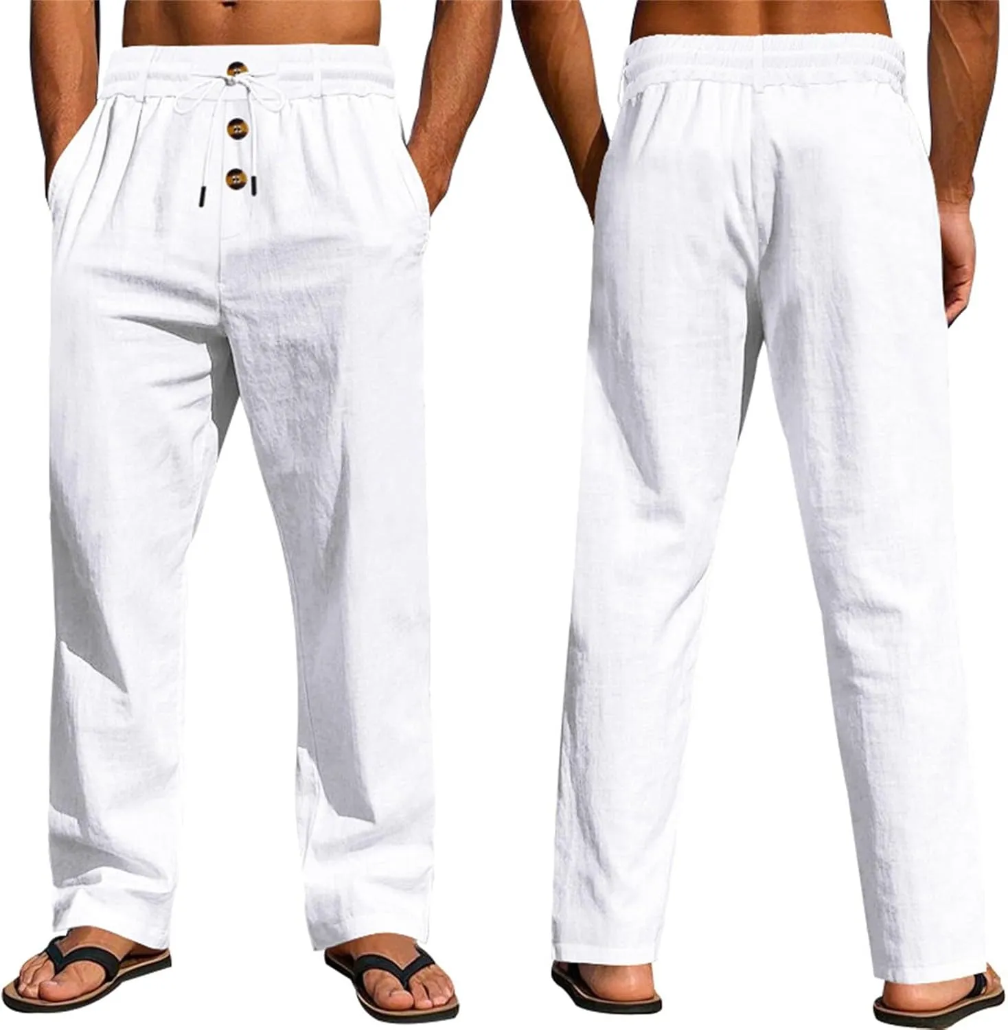 2025 Men's Casual Beach Pants Button Loose Fit Breathable Linen Pants