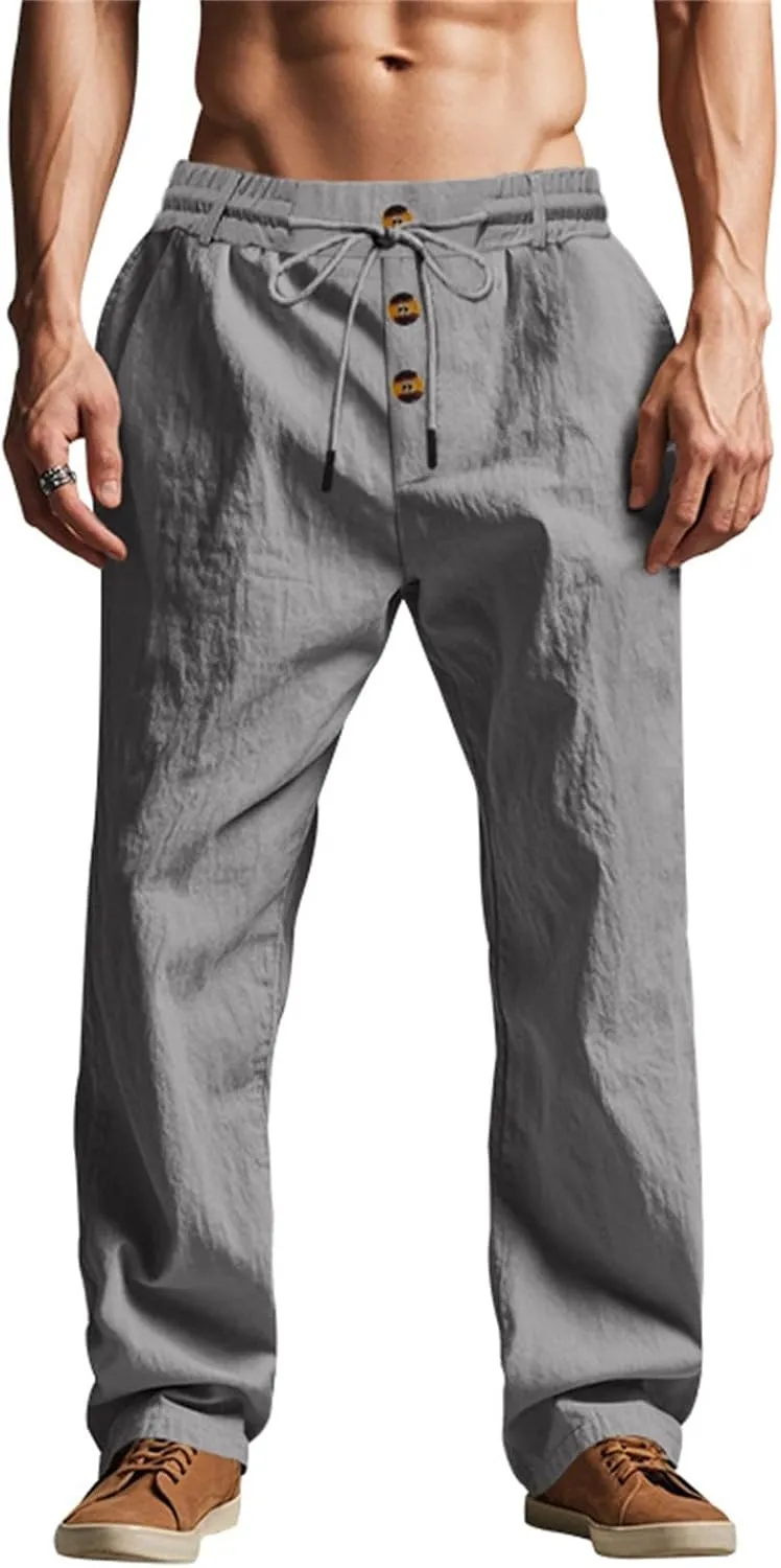 2025 Men's Casual Beach Pants Button Loose Fit Breathable Linen Pants