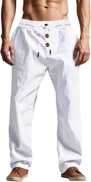 2025 Men's Casual Beach Pants Button Loose Fit Breathable Linen Pants