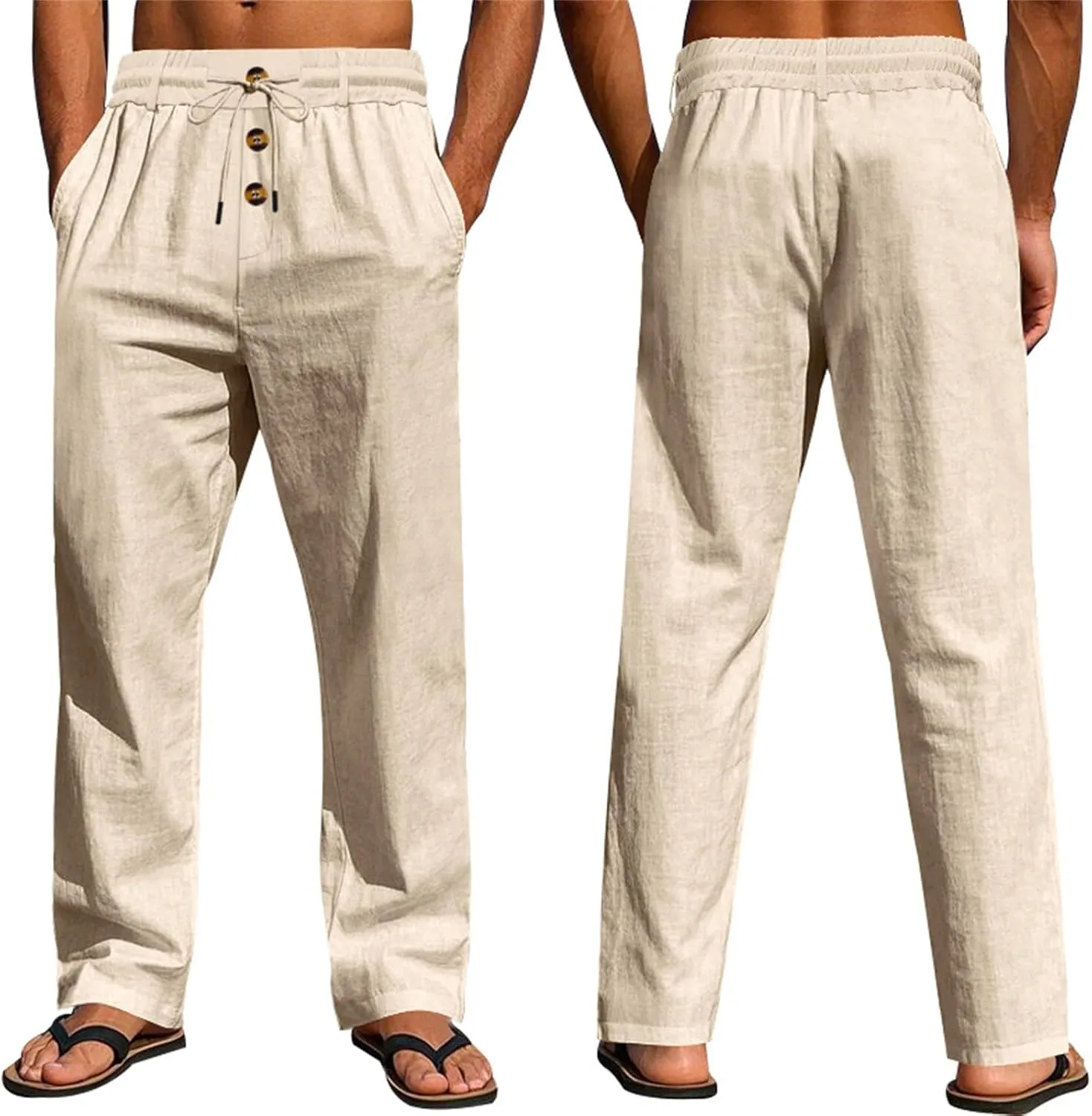 2025 Men's Casual Beach Pants Button Loose Fit Breathable Linen Pants