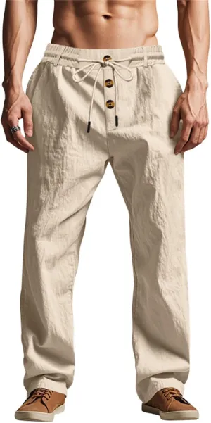 2025 Men's Casual Beach Pants Button Loose Fit Breathable Linen Pants