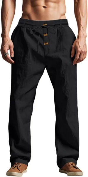2025 Men's Casual Beach Pants Button Loose Fit Breathable Linen Pants