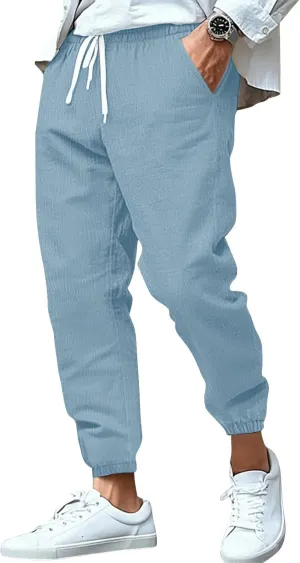 2025 Men's Cotton and Linen Solid Color Pants Drawstring Breathable Slim Fit Pants
