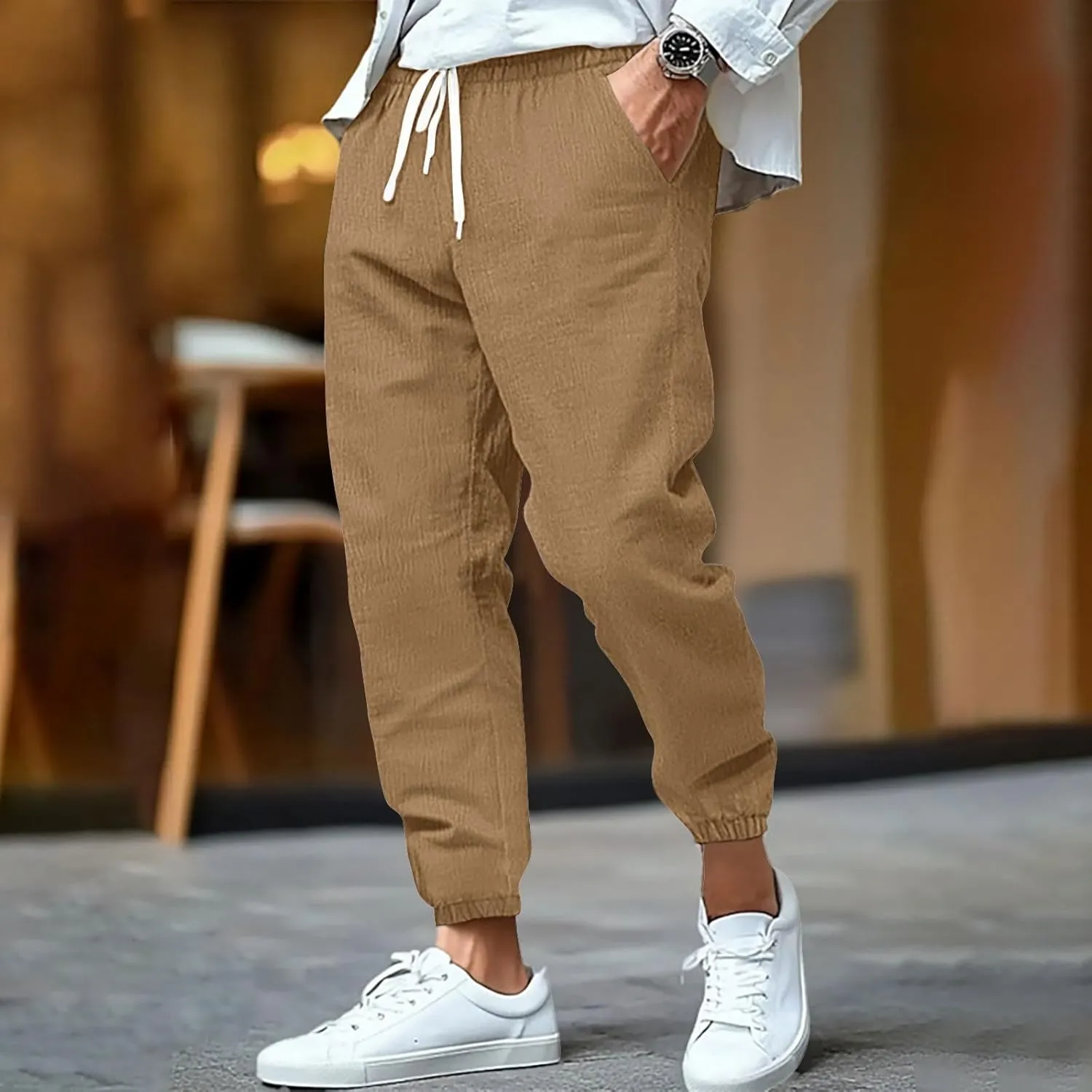 2025 Men's Cotton and Linen Solid Color Pants Drawstring Breathable Slim Fit Pants