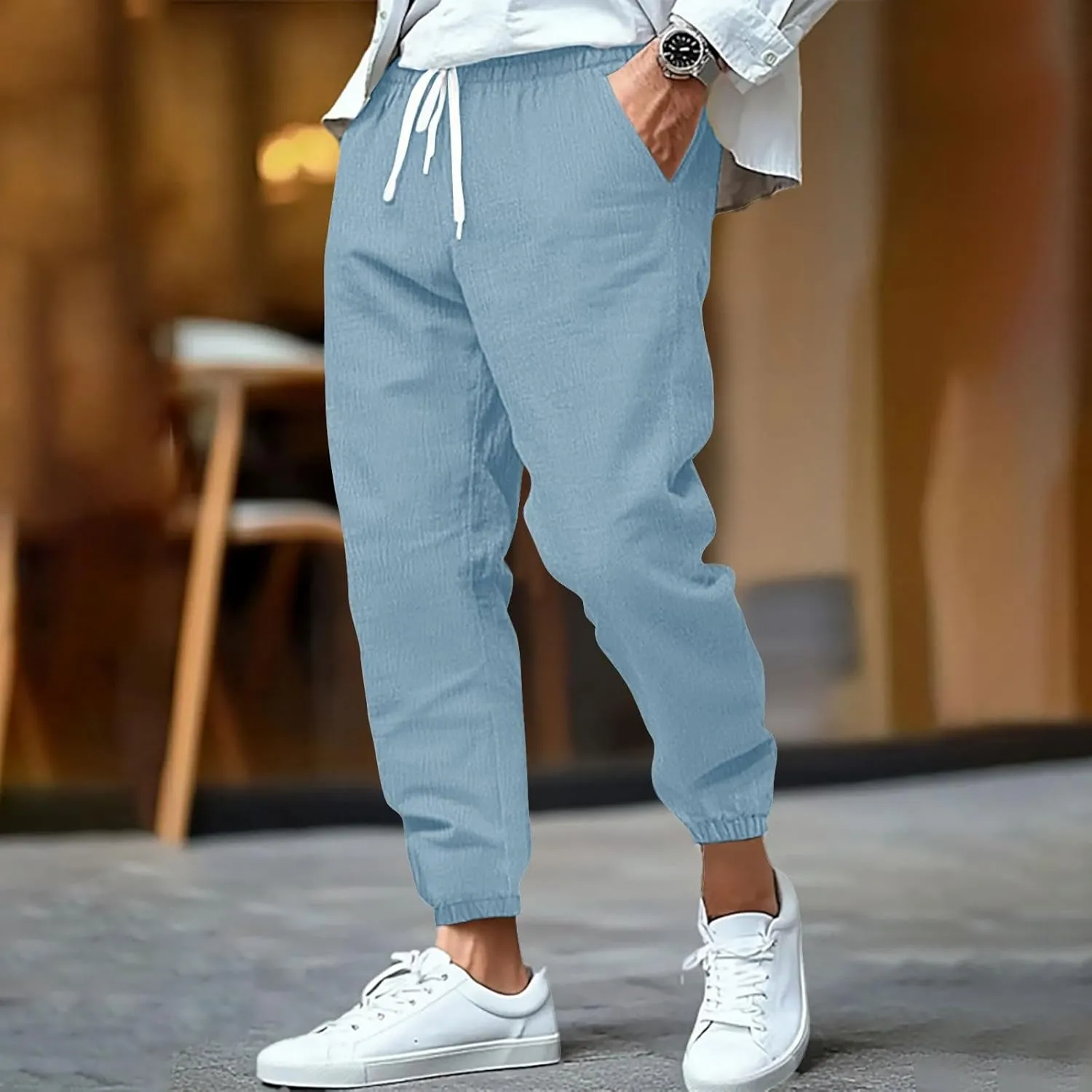 2025 Men's Cotton and Linen Solid Color Pants Drawstring Breathable Slim Fit Pants