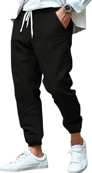 2025 Men's Cotton and Linen Solid Color Pants Drawstring Breathable Slim Fit Pants