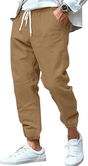 2025 Men's Cotton and Linen Solid Color Pants Drawstring Breathable Slim Fit Pants