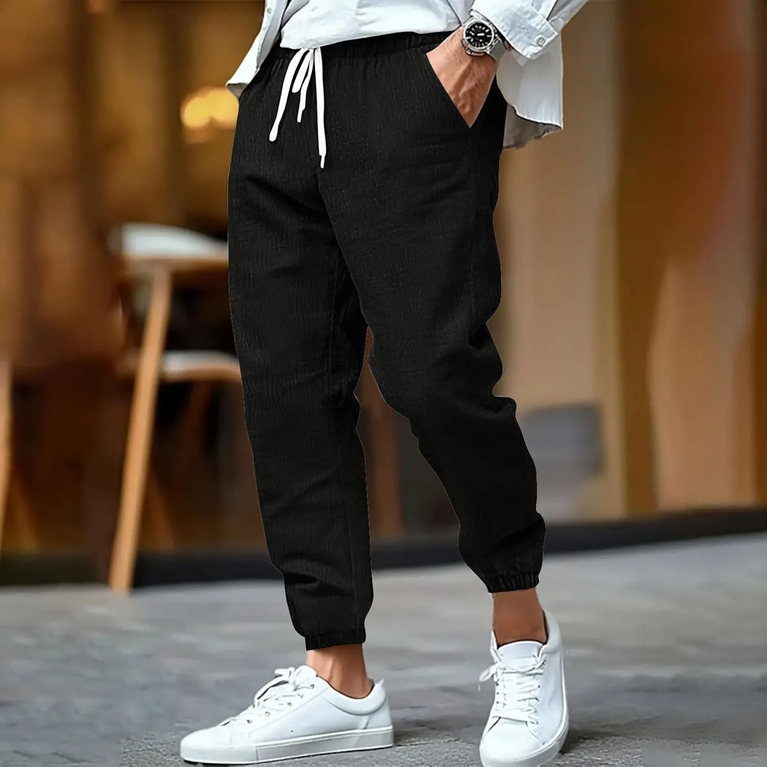 2025 Men's Cotton and Linen Solid Color Pants Drawstring Breathable Slim Fit Pants