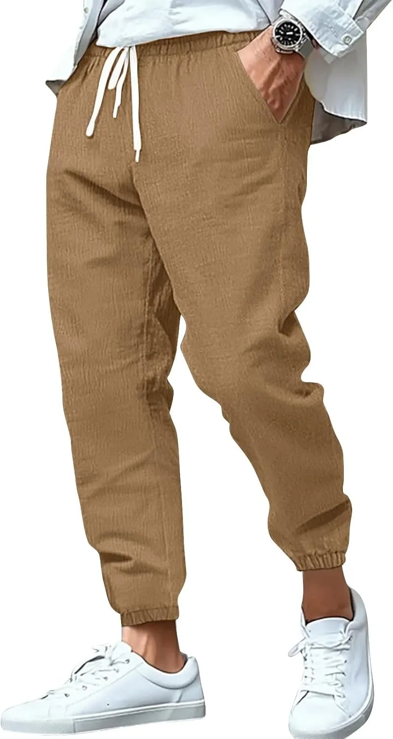 2025 Men's Cotton and Linen Solid Color Pants Drawstring Breathable Slim Fit Pants