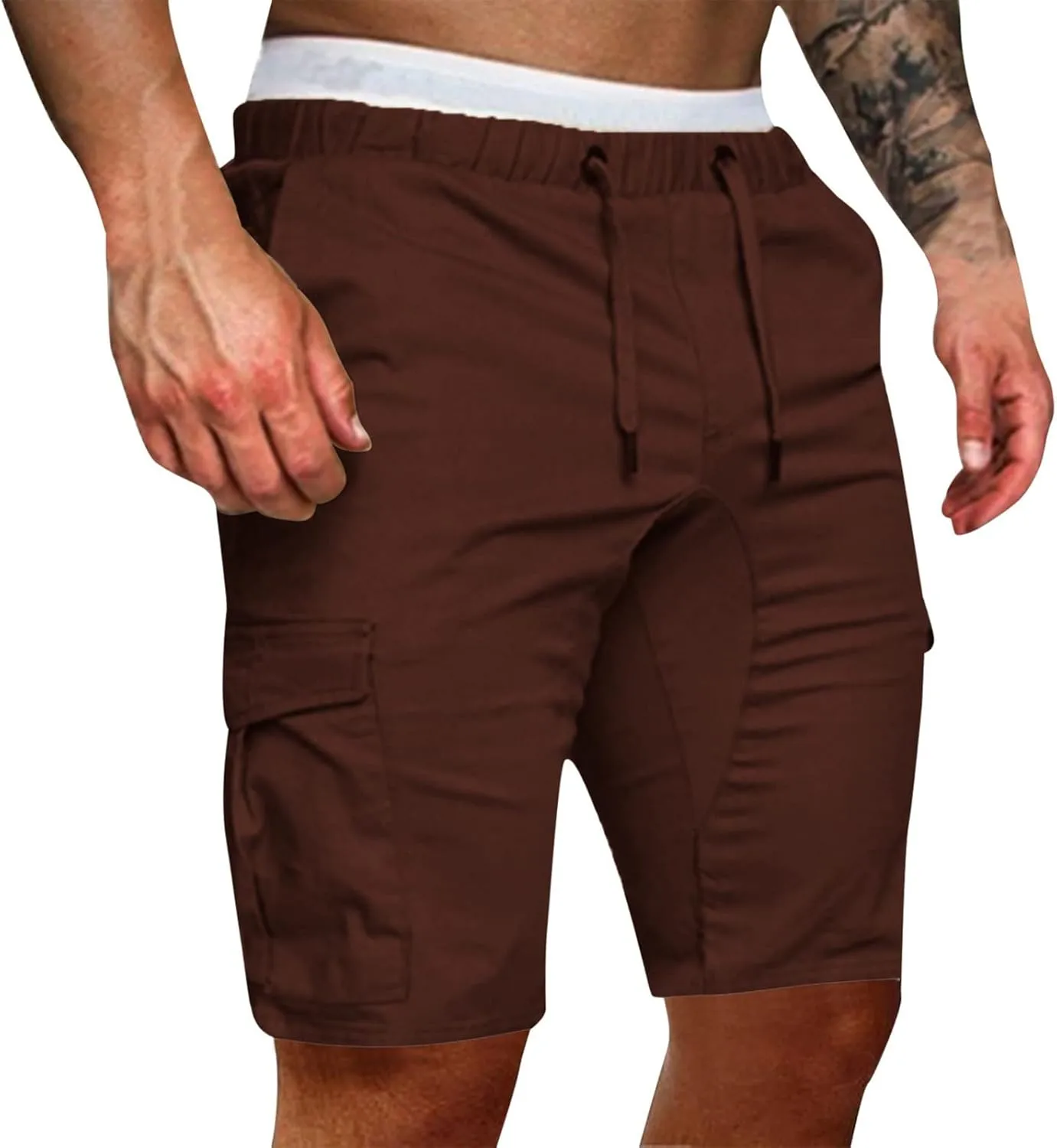 Cargo Shorts for Men Mid Rise Drawstring Elastic Waist Knee Length Slim Fit Shorts Outdoor Hiking Exercise Short Pants