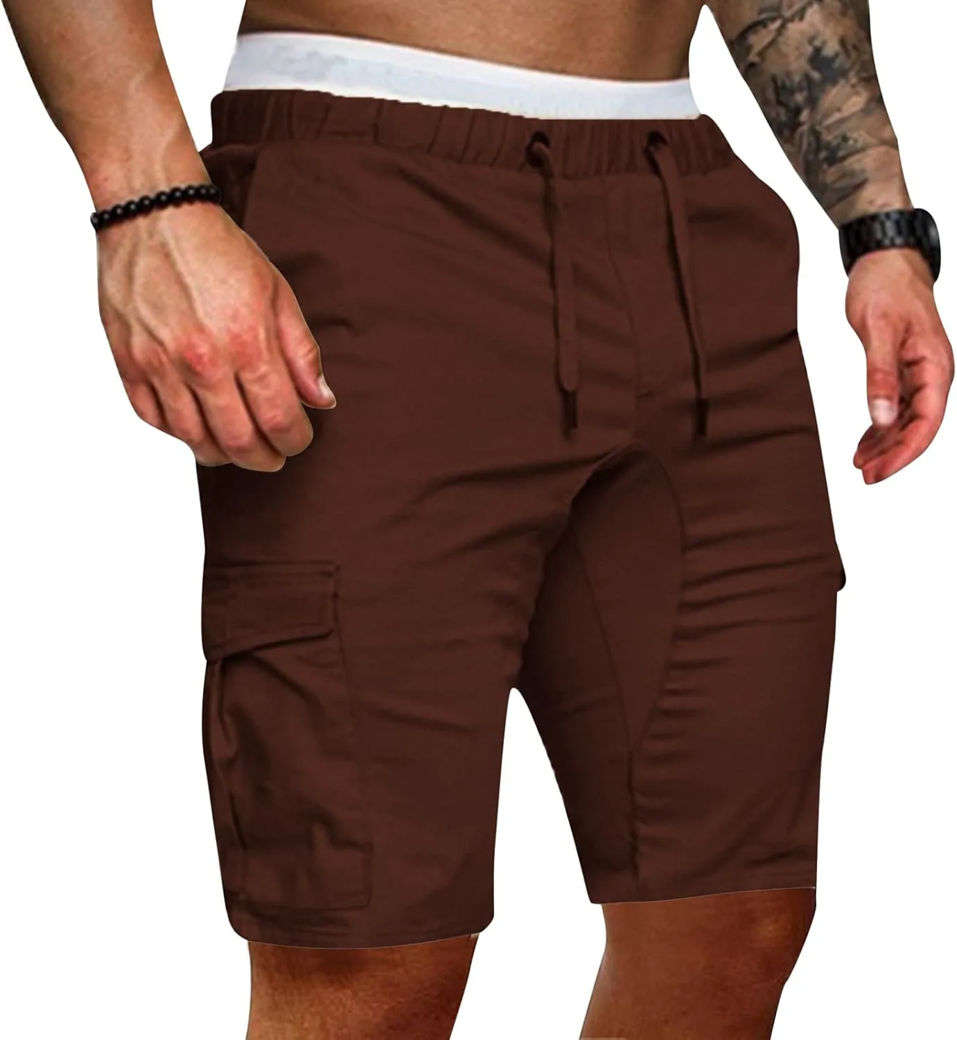 Cargo Shorts for Men Mid Rise Drawstring Elastic Waist Knee Length Slim Fit Shorts Outdoor Hiking Exercise Short Pants