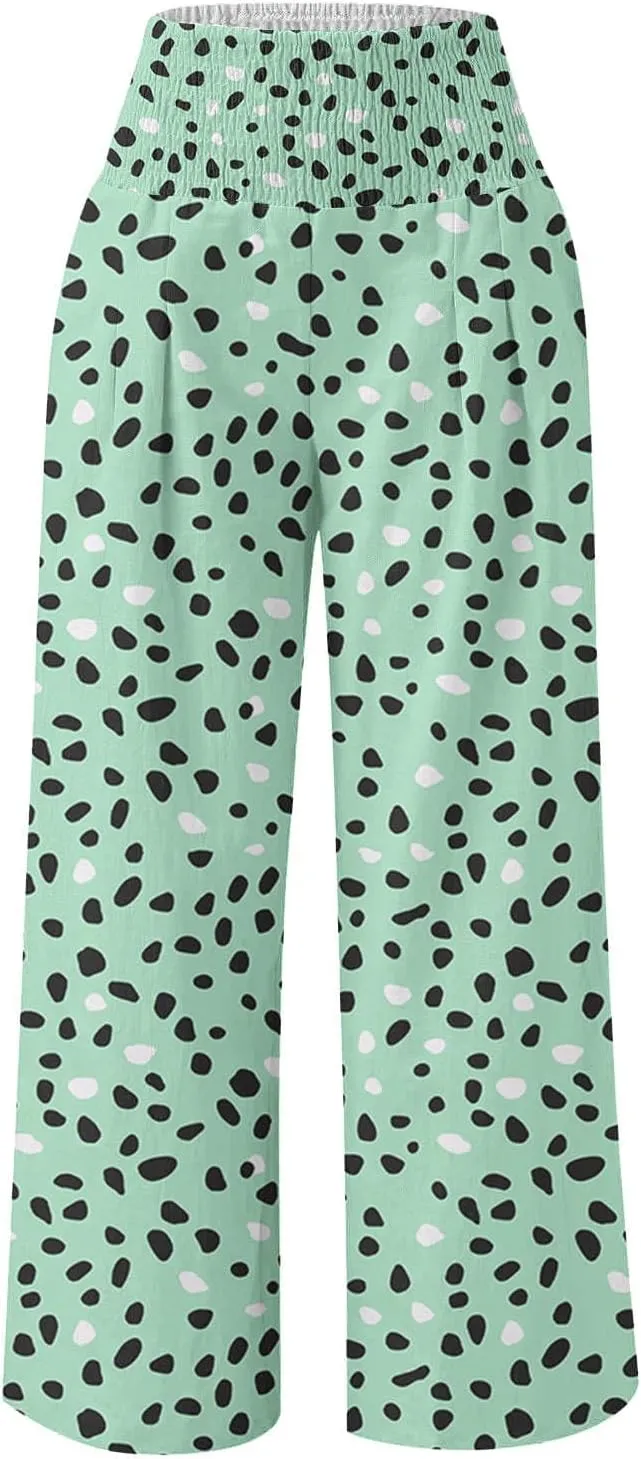 Fashion Print Cotton Linen Casual Pant for Women, Summer Lightweight Breathable Outdoor Trendy Palazzo Trousers
