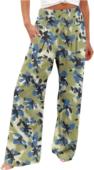Fashion Print Cotton Linen Casual Pant for Women, Summer Lightweight Breathable Outdoor Trendy Palazzo Trousers