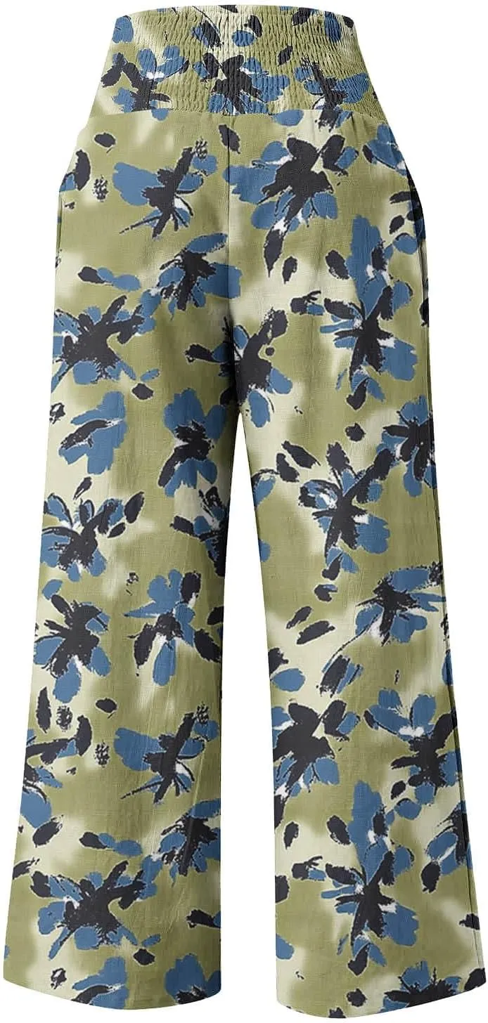 Fashion Print Cotton Linen Casual Pant for Women, Summer Lightweight Breathable Outdoor Trendy Palazzo Trousers