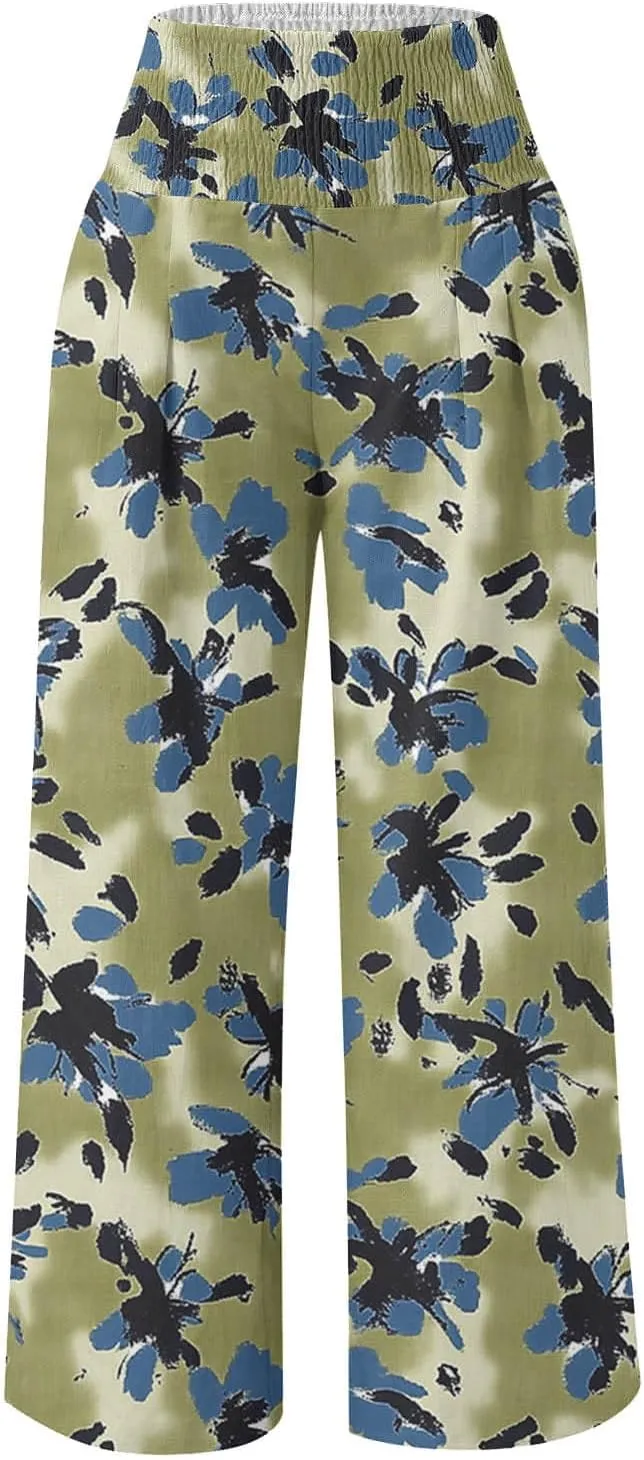 Fashion Print Cotton Linen Casual Pant for Women, Summer Lightweight Breathable Outdoor Trendy Palazzo Trousers