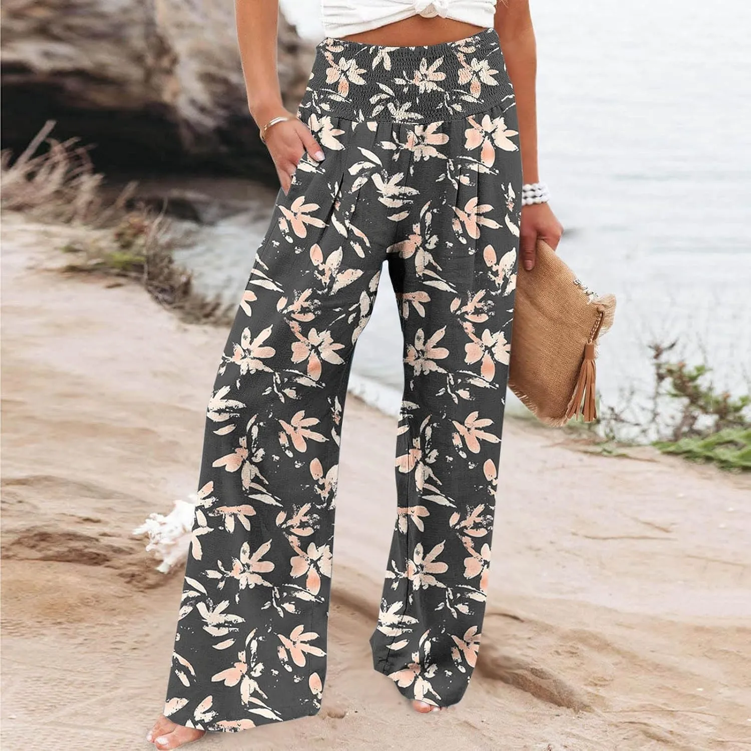 Fashion Print Cotton Linen Casual Pant for Women, Summer Lightweight Breathable Outdoor Trendy Palazzo Trousers