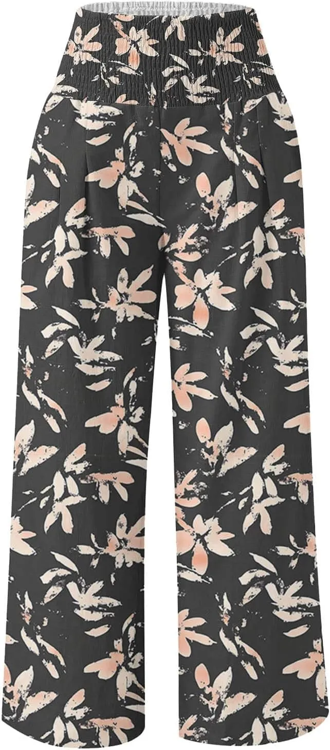 Fashion Print Cotton Linen Casual Pant for Women, Summer Lightweight Breathable Outdoor Trendy Palazzo Trousers