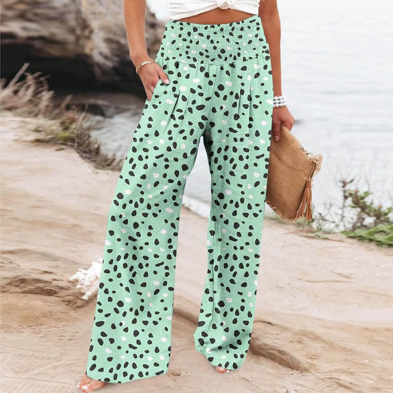Fashion Print Cotton Linen Casual Pant for Women, Summer Lightweight Breathable Outdoor Trendy Palazzo Trousers