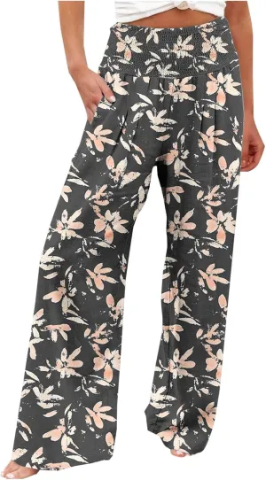 Fashion Print Cotton Linen Casual Pant for Women, Summer Lightweight Breathable Outdoor Trendy Palazzo Trousers