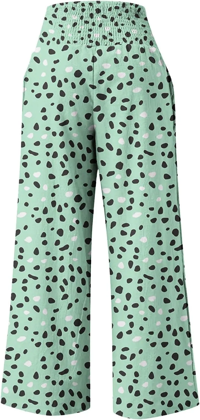 Fashion Print Cotton Linen Casual Pant for Women, Summer Lightweight Breathable Outdoor Trendy Palazzo Trousers