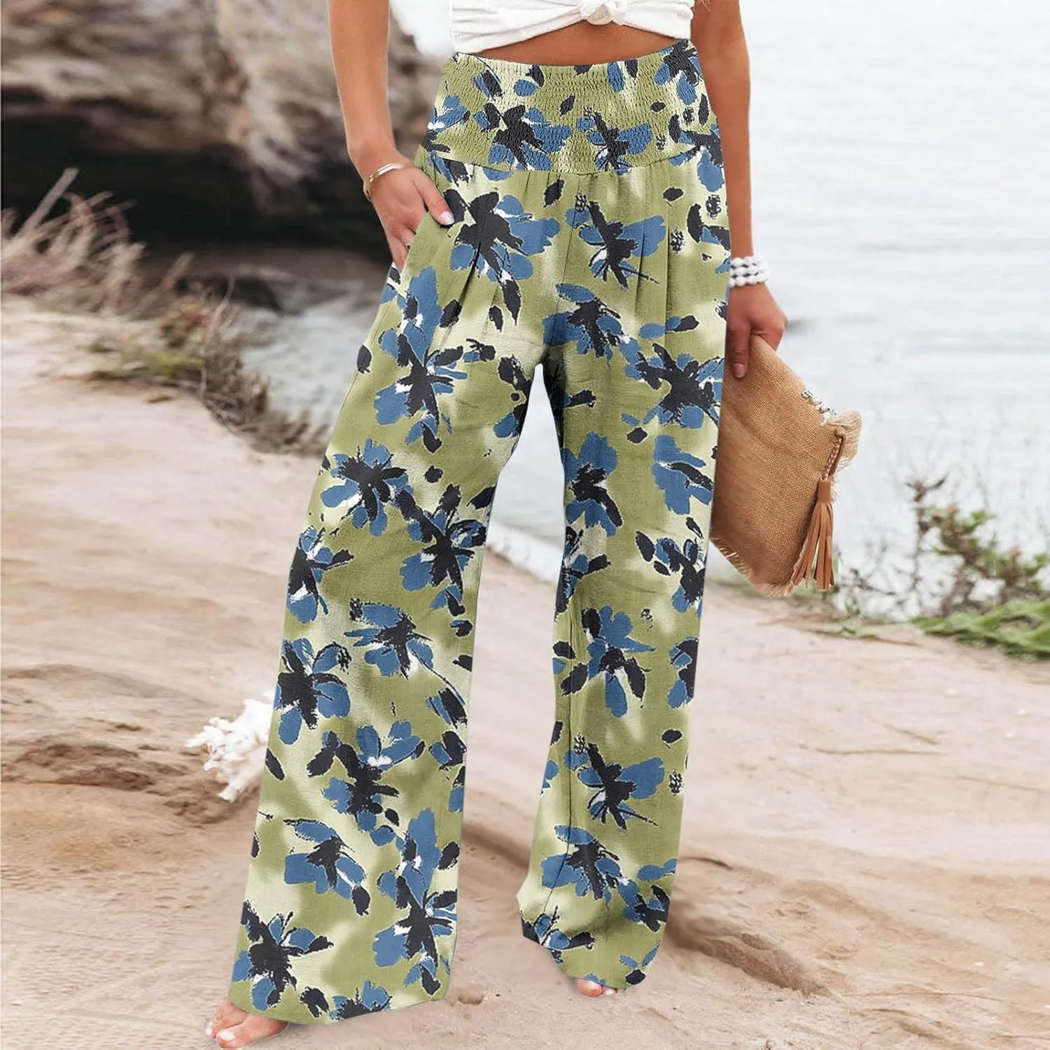 Fashion Print Cotton Linen Casual Pant for Women, Summer Lightweight Breathable Outdoor Trendy Palazzo Trousers