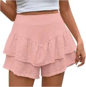 High-Waisted Skirt Shorts for Women Stylish Tummy Control Layered Shirt for Summer Beach Solid Plus Size Casual Short