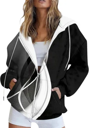 Hoodies for Women Stylish Zip Up Hoodie Long Sleeve Print Sweatshirts Casual Fashion Jackets with Pocket Fall Outfits