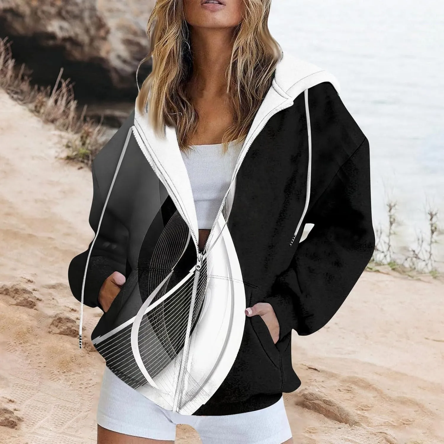 Hoodies for Women Stylish Zip Up Hoodie Long Sleeve Print Sweatshirts Casual Fashion Jackets with Pocket Fall Outfits