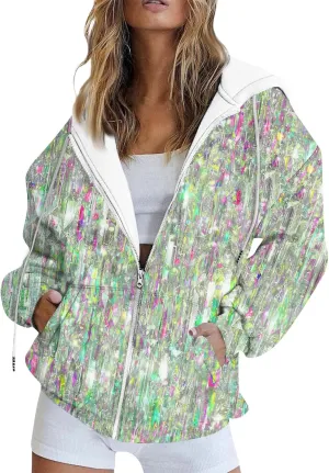 Hoodies for Women Stylish Zip Up Hoodie Long Sleeve Print Sweatshirts Casual Fashion Jackets with Pocket Fall Outfits