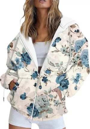 Hoodies for Women Stylish Zip Up Hoodie Long Sleeve Print Sweatshirts Casual Fashion Jackets with Pocket Fall Outfits