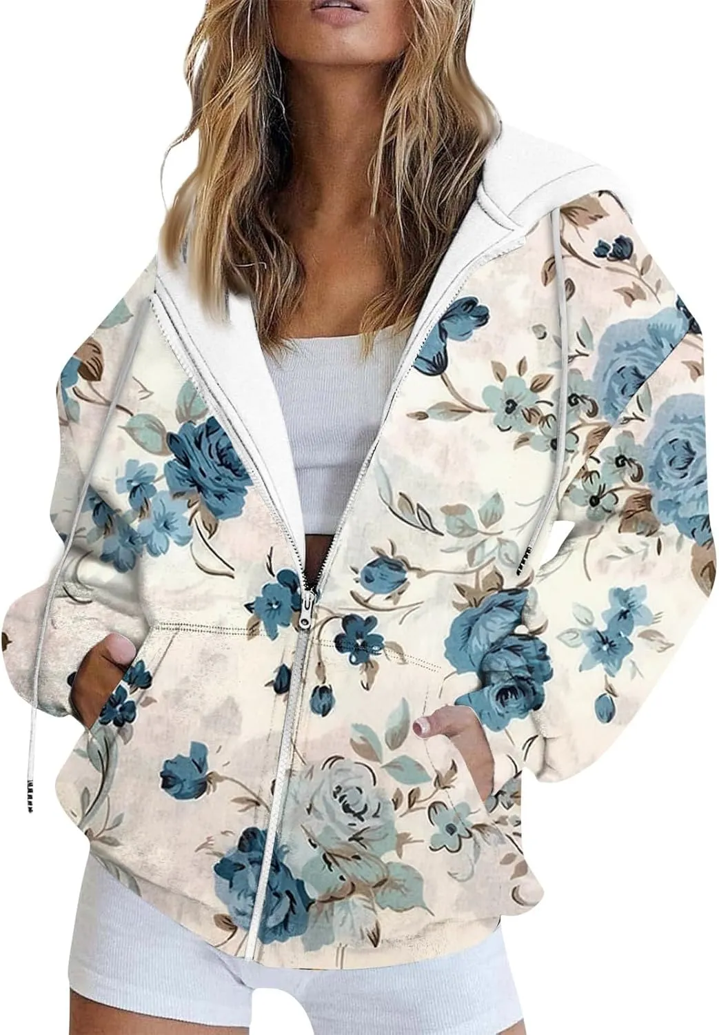 Hoodies for Women Stylish Zip Up Hoodie Long Sleeve Print Sweatshirts Casual Fashion Jackets with Pocket Fall Outfits