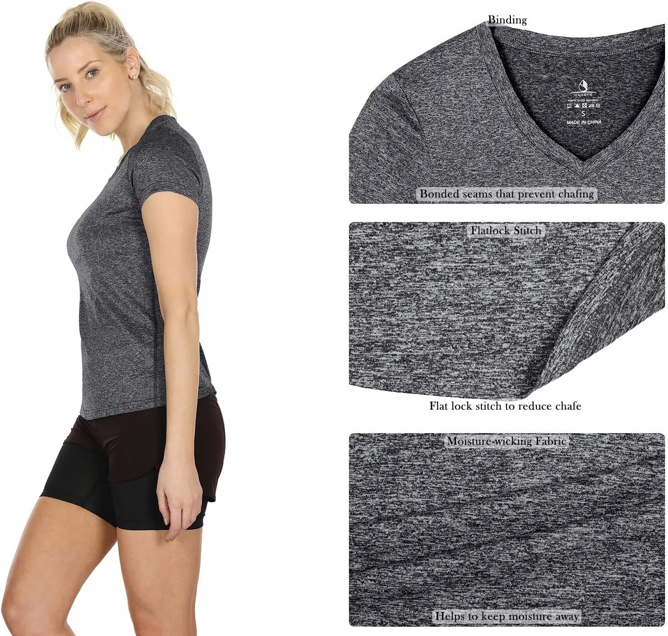 icyzone Workout Shirts Yoga Tops Activewear V-Neck T-Shirts for Women Running Fitness Sports Short Sleeve Tees