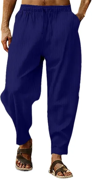 Linen Pants for Men Beach Casual Drawstring Summer Beach Pants Lightweight Breathable Flat Front Trouser with Pockets