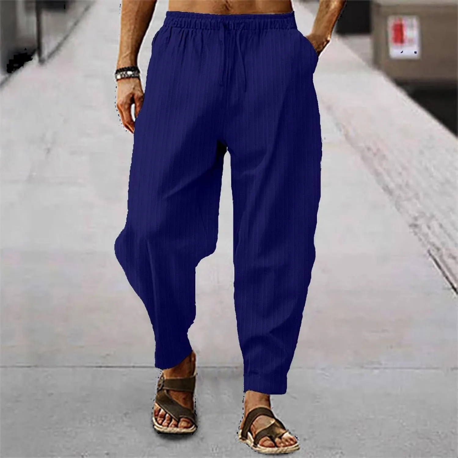 Linen Pants for Men Beach Casual Drawstring Summer Beach Pants Lightweight Breathable Flat Front Trouser with Pockets