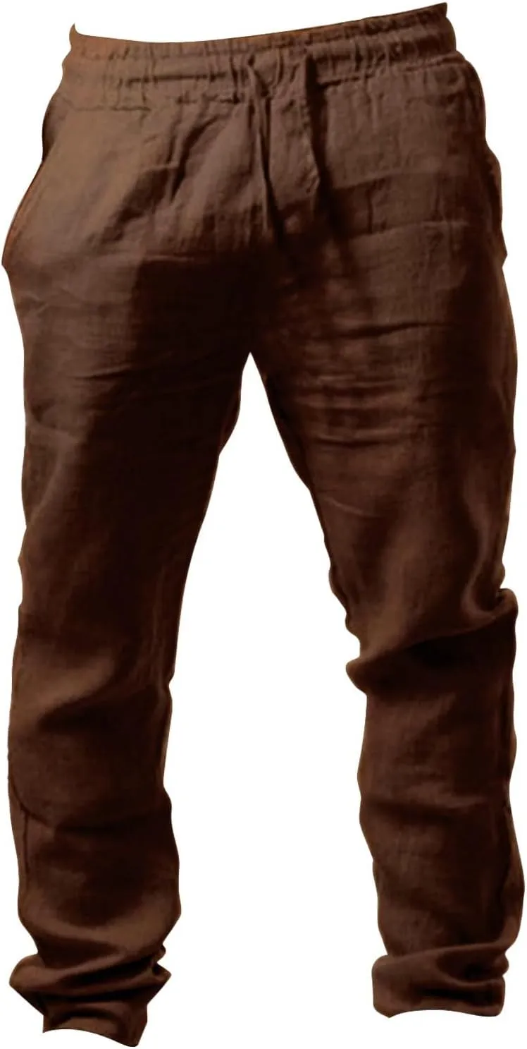 Men' S Cotton Linen Trousers Solid Color Breathable Loose Casual Pants Elastic Drawstring Joggers Yoga Beach Pants
