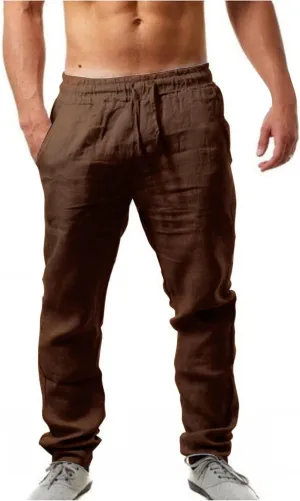 Men' S Cotton Linen Trousers Solid Color Breathable Loose Casual Pants Elastic Drawstring Joggers Yoga Beach Pants