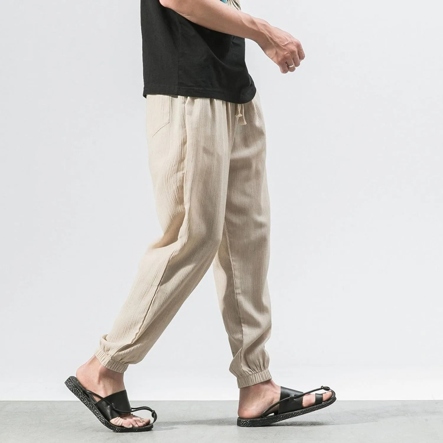 Men's Casual Baggy Solid Tapered Pants Linen Drawstring Stylish Trousers Lightweight Elastic Waist Outdoor Pants