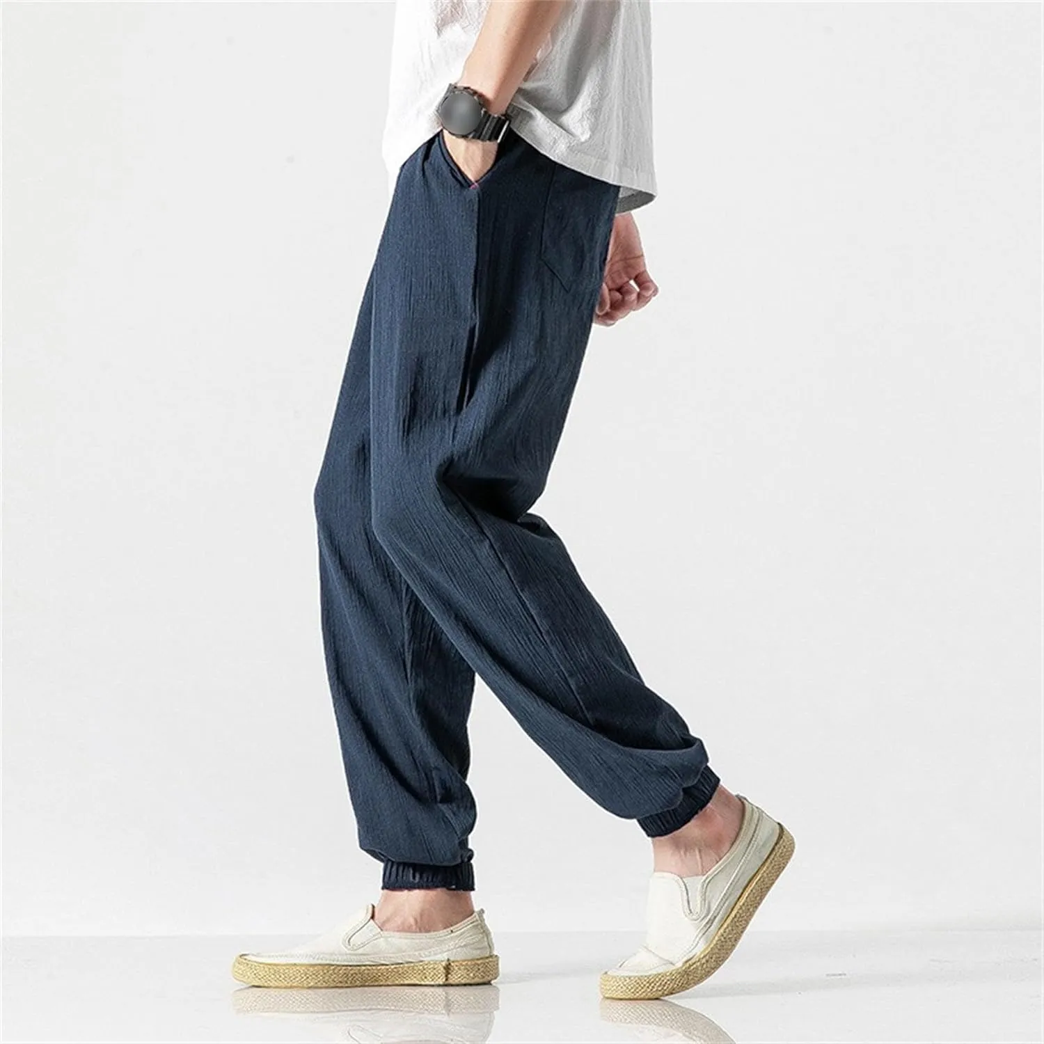 Men's Casual Baggy Solid Tapered Pants Linen Drawstring Stylish Trousers Lightweight Elastic Waist Outdoor Pants