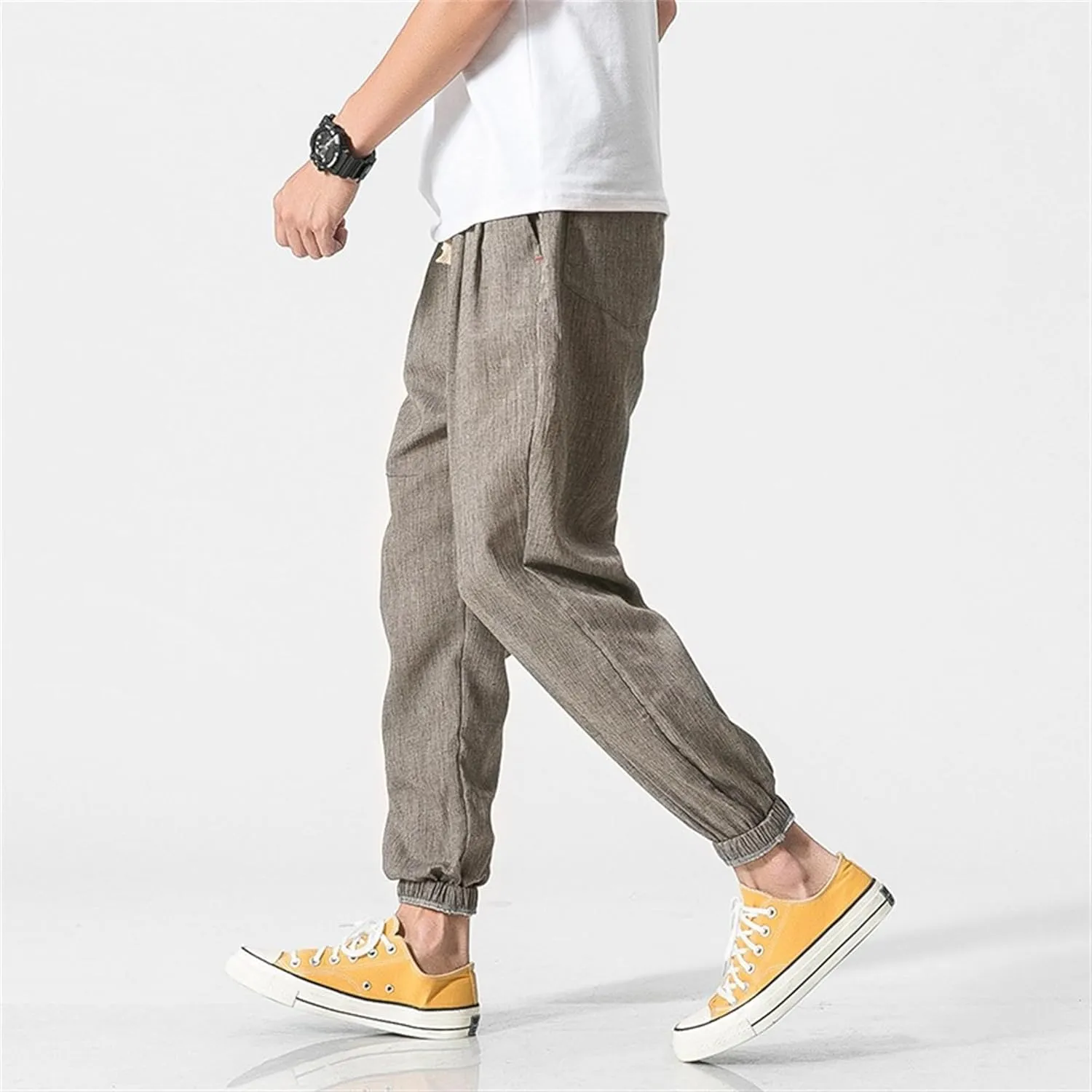 Men's Casual Baggy Solid Tapered Pants Linen Drawstring Stylish Trousers Lightweight Elastic Waist Outdoor Pants