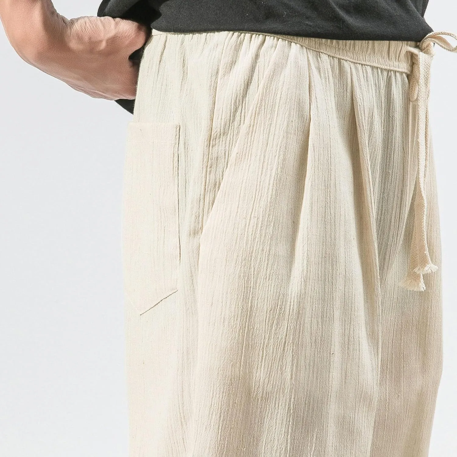 Men's Casual Baggy Solid Tapered Pants Linen Drawstring Stylish Trousers Lightweight Elastic Waist Outdoor Pants