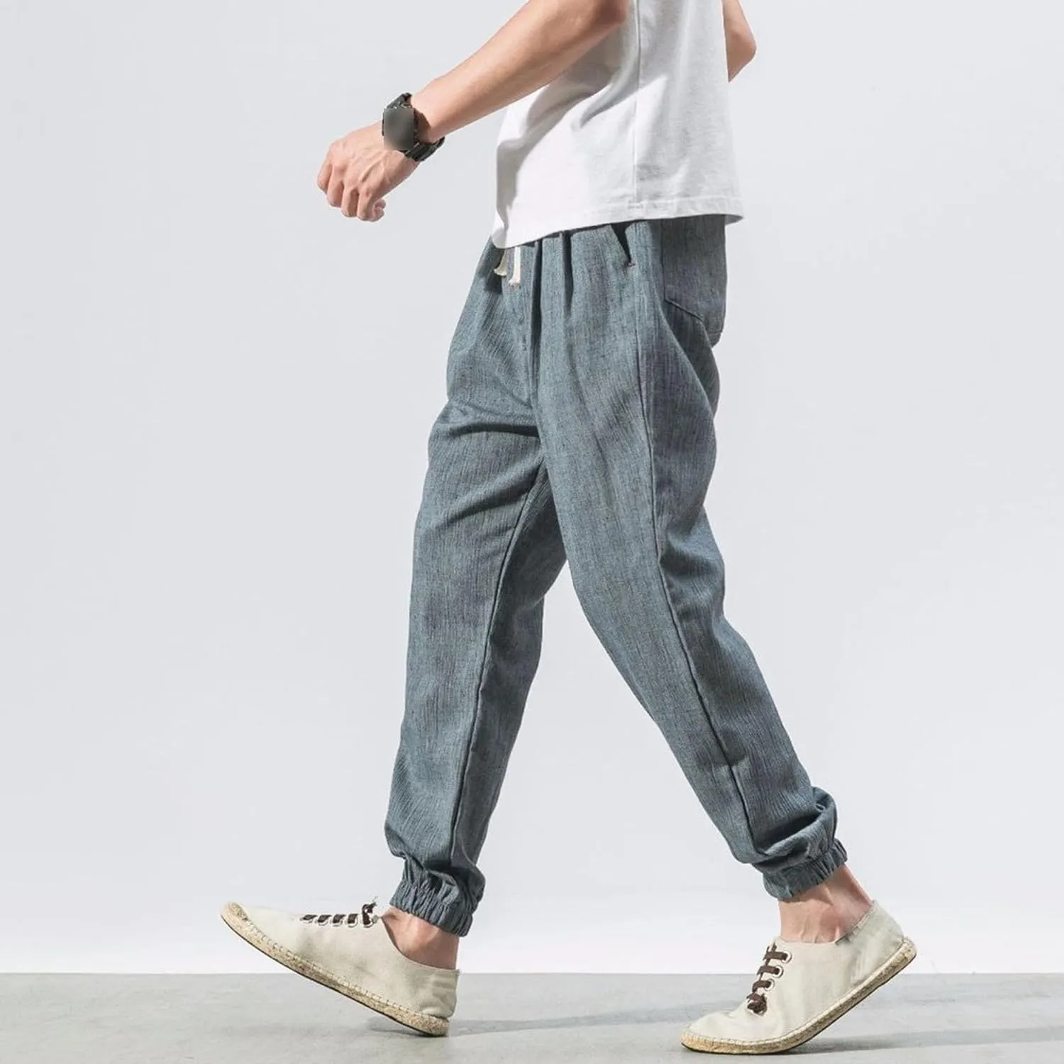 Men's Casual Baggy Solid Tapered Pants Linen Drawstring Stylish Trousers Lightweight Elastic Waist Outdoor Pants